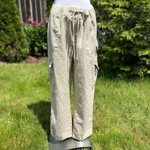 RACHEL ROY 100% Linen Cropped Pant Chambray Blue Breathable Casual Large Beige